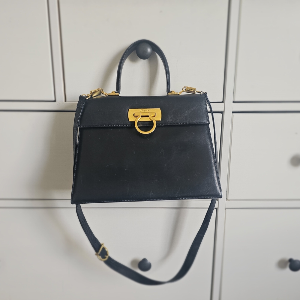 Salvatore Ferragamo Gancini Dark Navy  Satchel with Gold Hardware